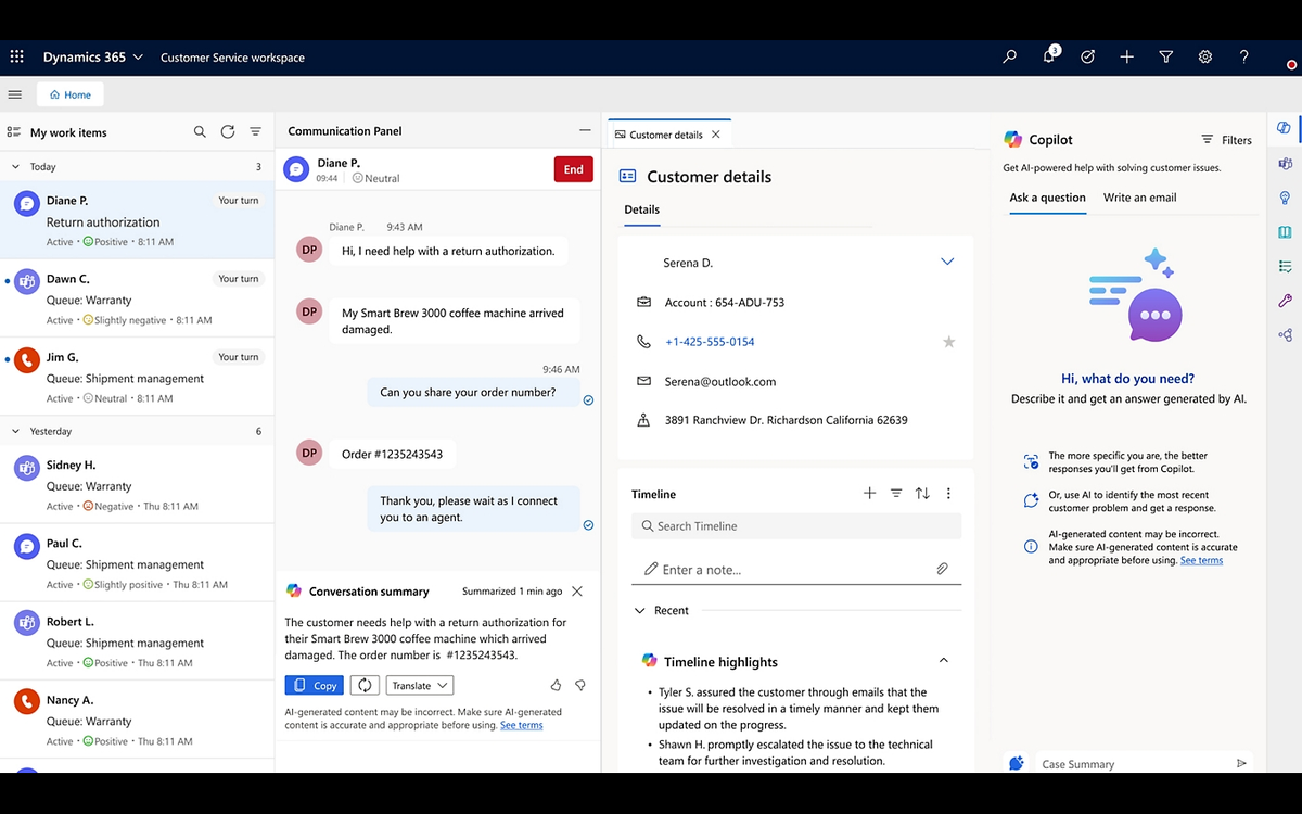 Dynamics 365 Customer Service workspace with Copilot assistance