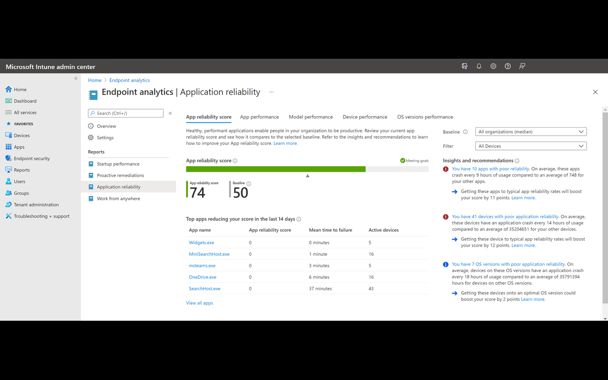 Intune Endpoint analytics app reliability