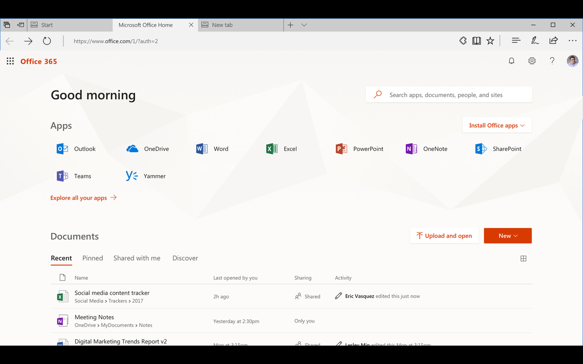 Microsoft 365 home with Office apps