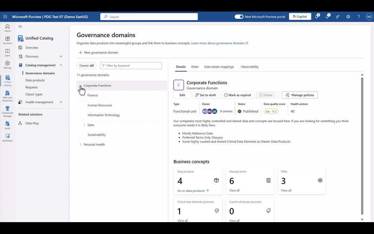Microsoft Purview governance domains view