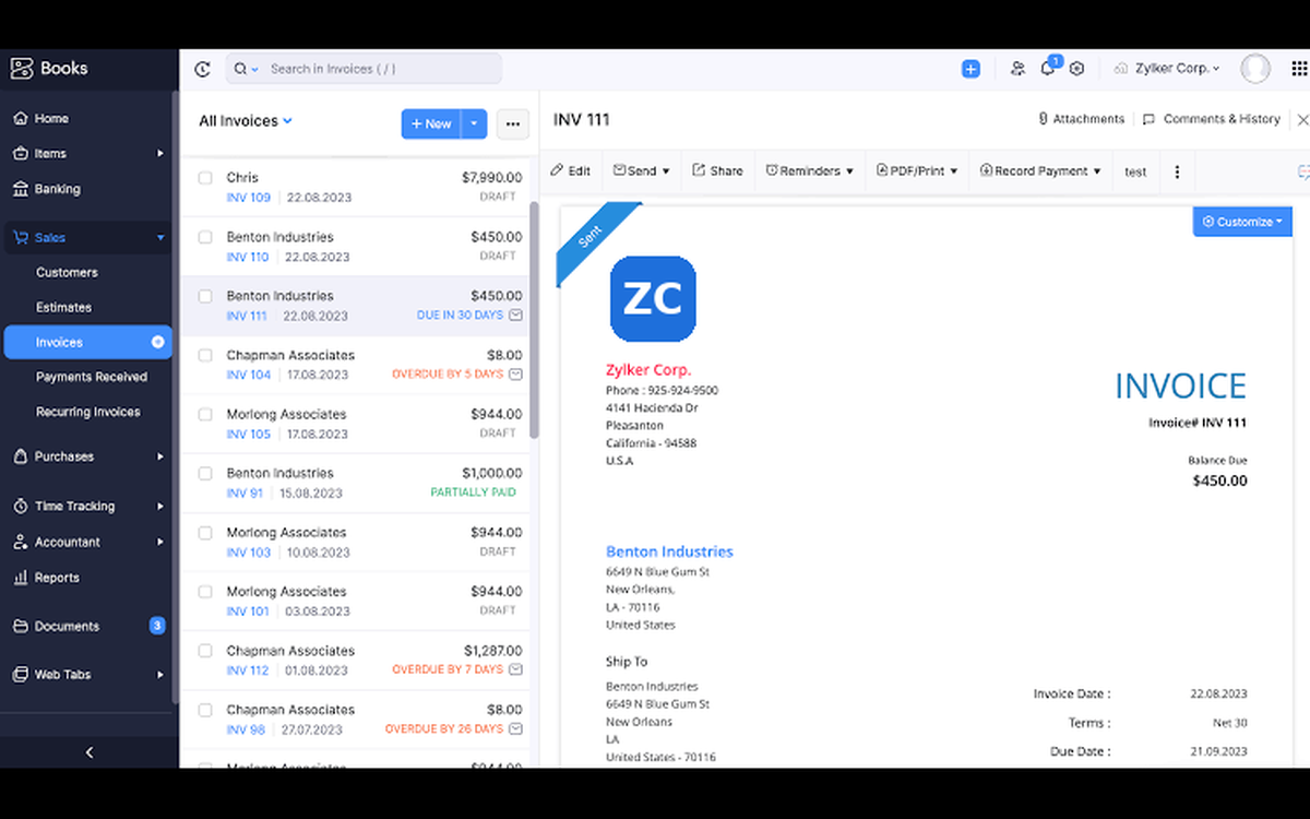 Zoho Books invoice with company logo