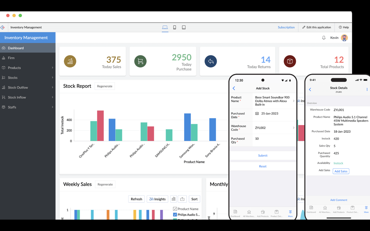 Custom inventory management app built with Zoho Creator on desktop and mobile