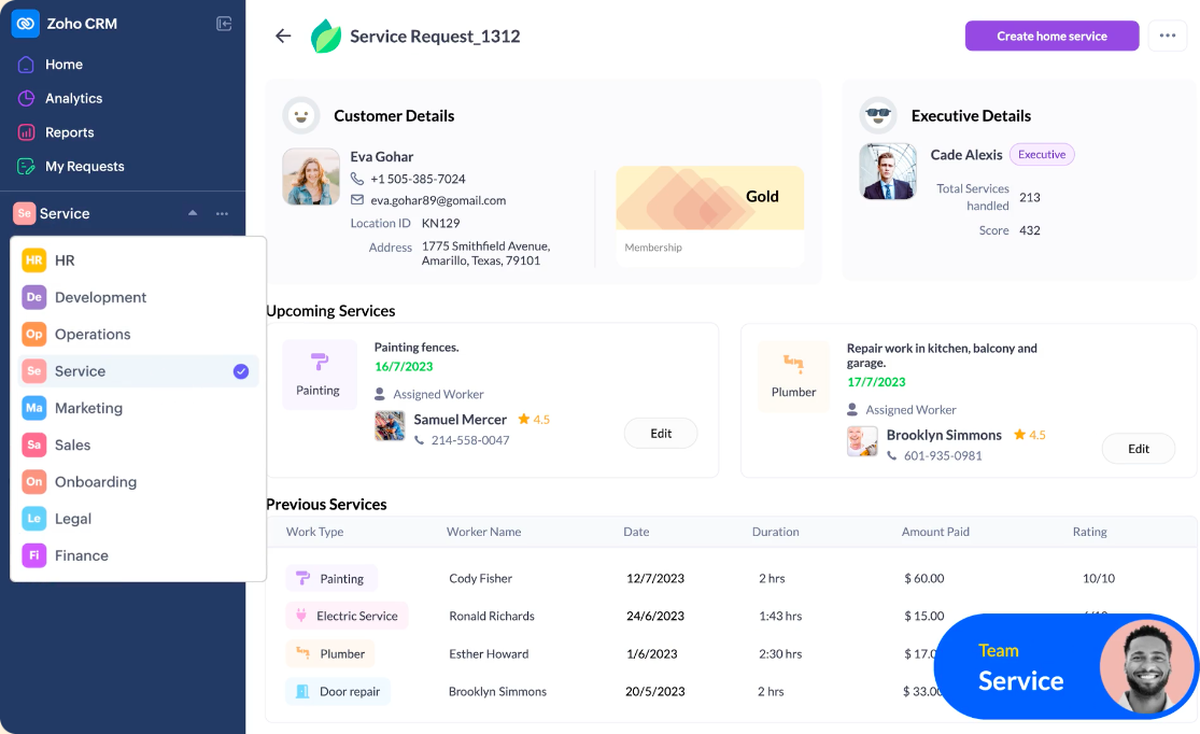 Zoho CRM home page with customer and service details