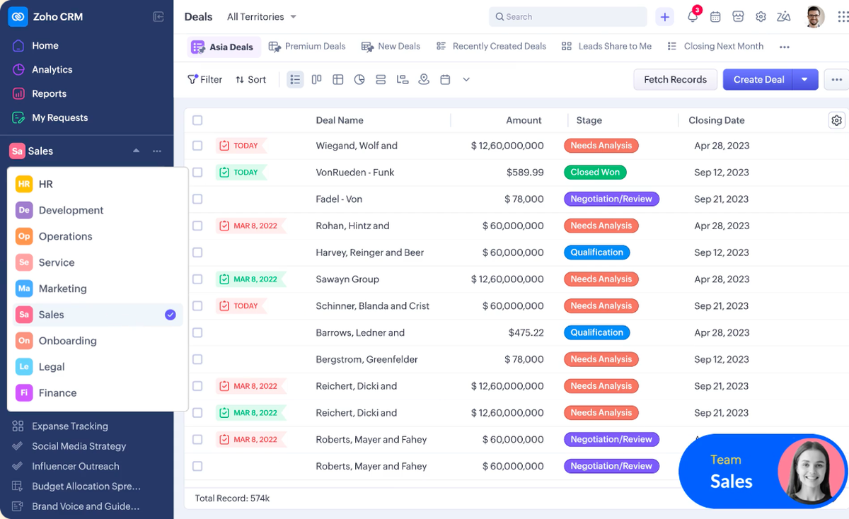 Zoho CRM leads page with deal stages and amounts