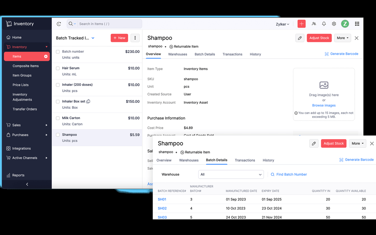 Zoho Inventory batch tracking with batch details