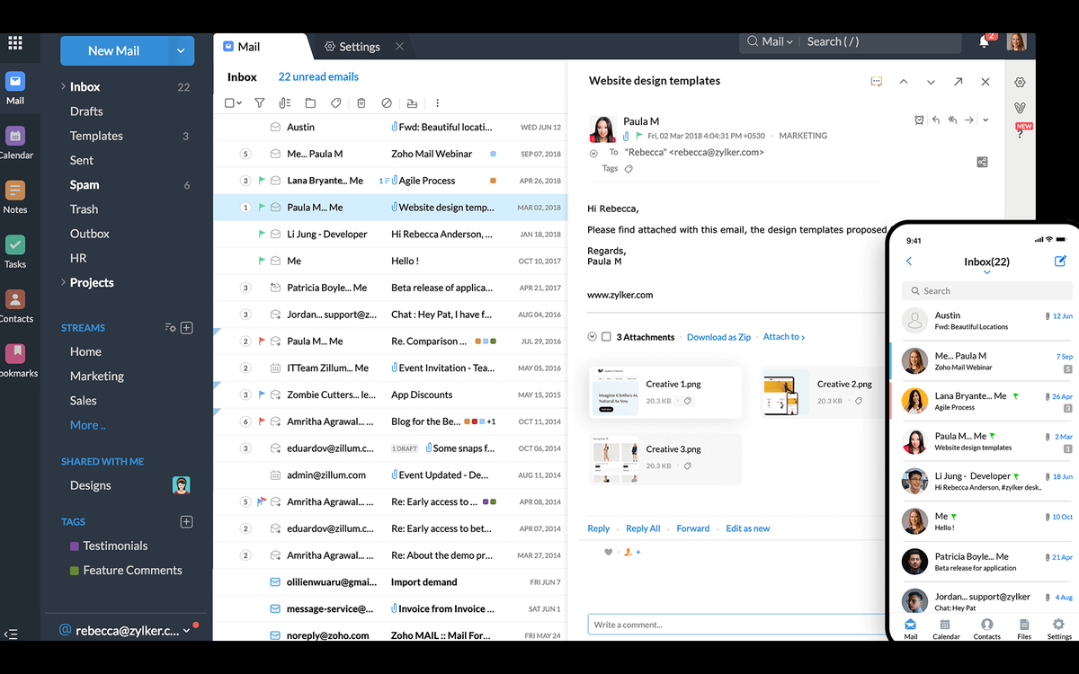 Zoho Mail inbox on desktop and mobile
