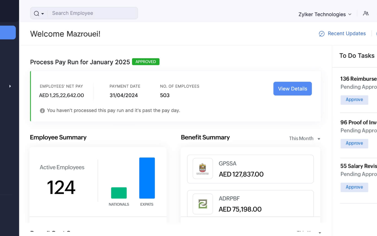 Zoho Payroll dashboard with pay run, employee summary and benefit summary