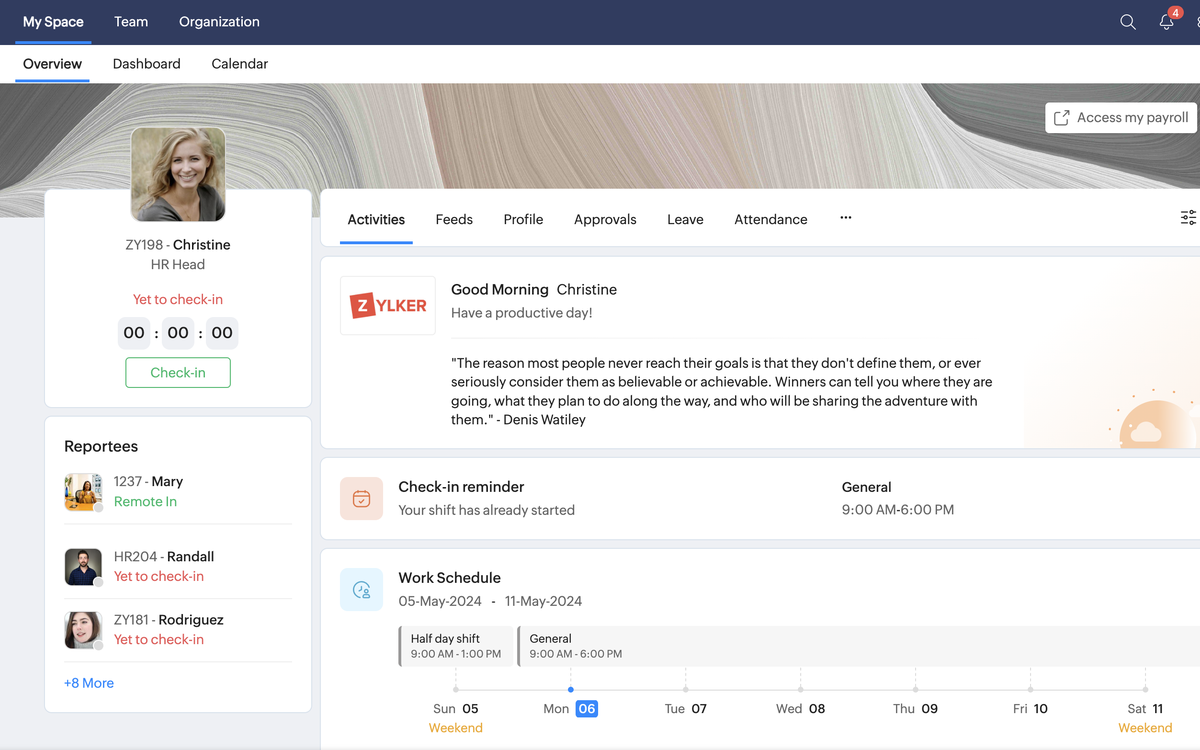 Zoho People My Space overview with check-in, reportees and work schedule