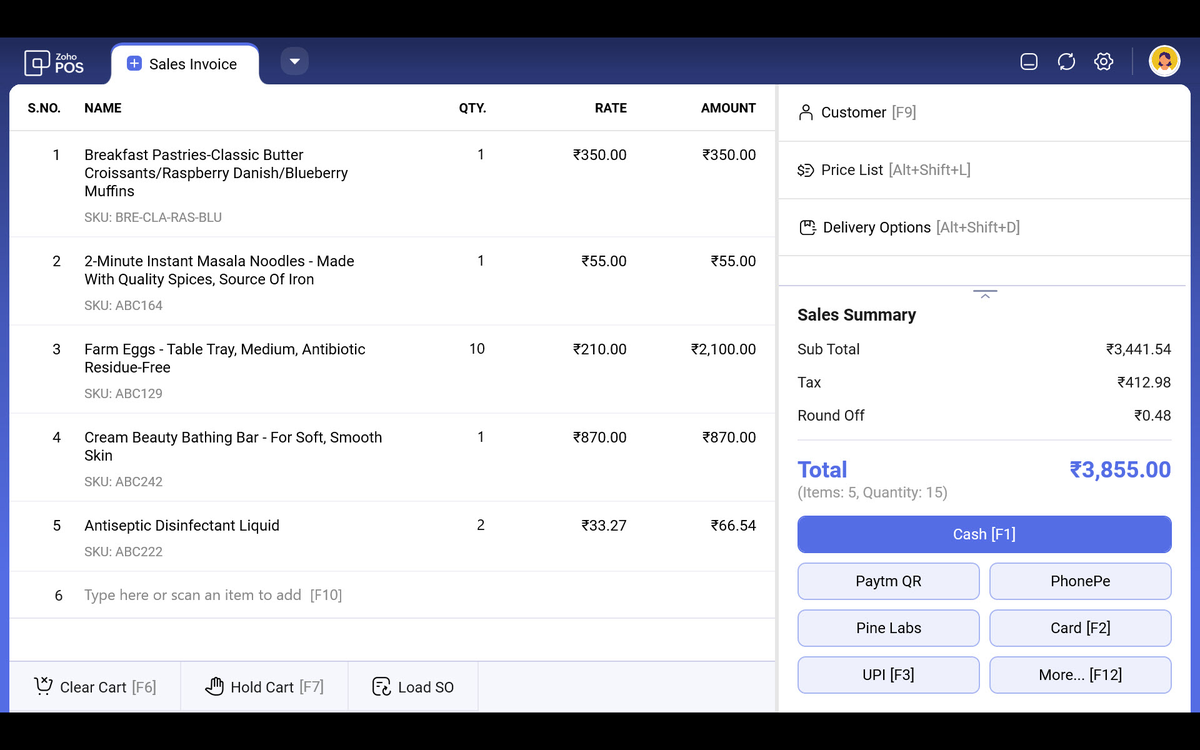 Zoho POS billing screen with sales invoice and payment options