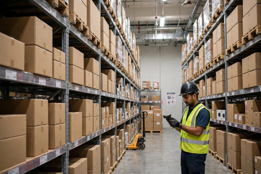 Warehouse shelves stocked with IT hardware
