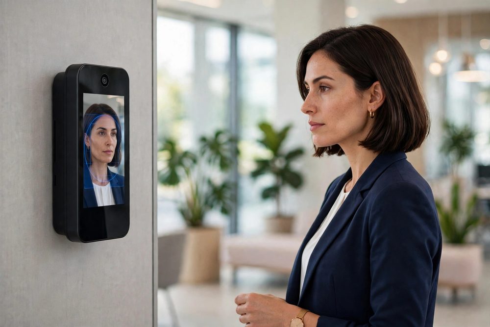 Employee clocking in at a face-recognition terminal