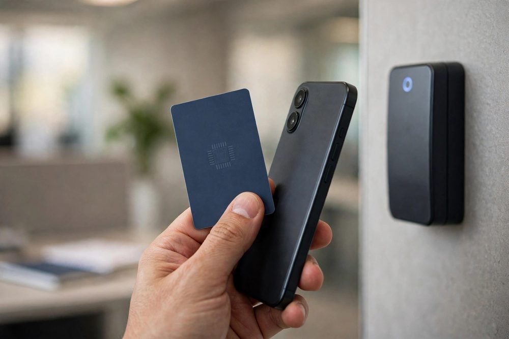 RFID card and phone used at a wall reader