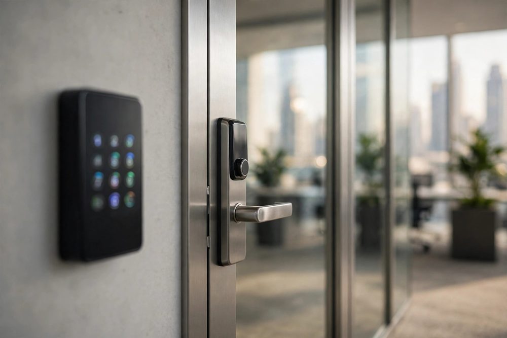Glass office door with an access reader