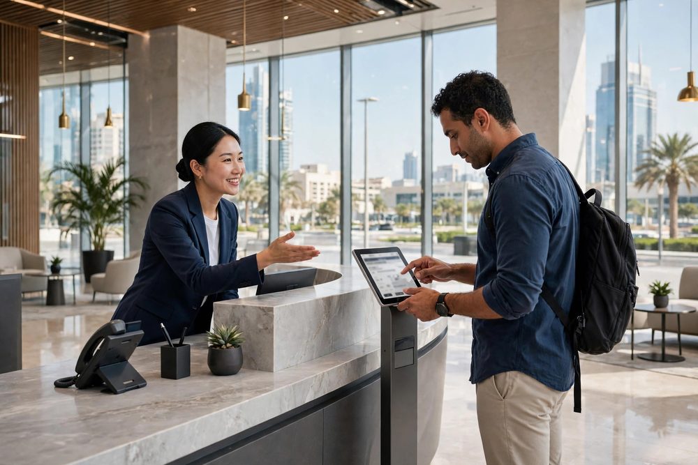 Visitor registering at a reception desk
