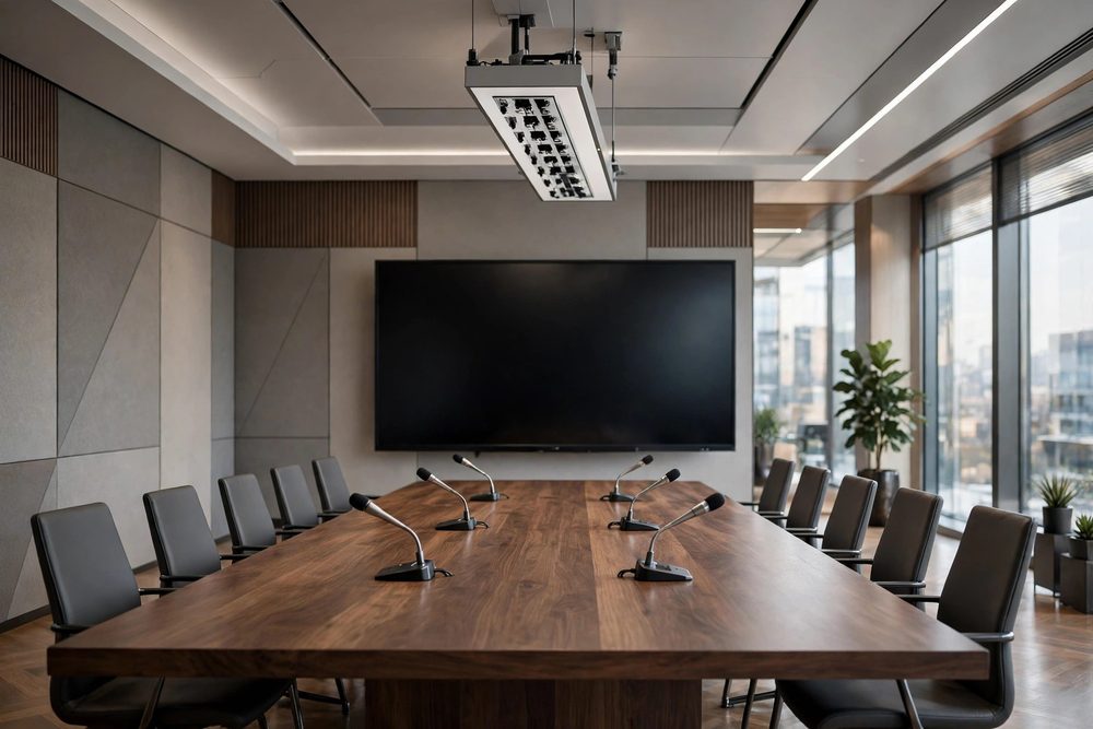 Table and ceiling microphones in a meeting room