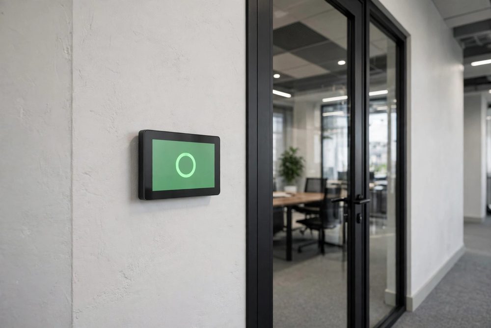 Room scheduling panel beside a glass door