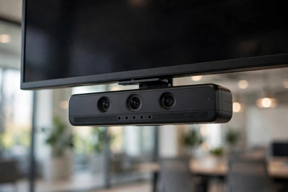 All-in-one video bar under a display