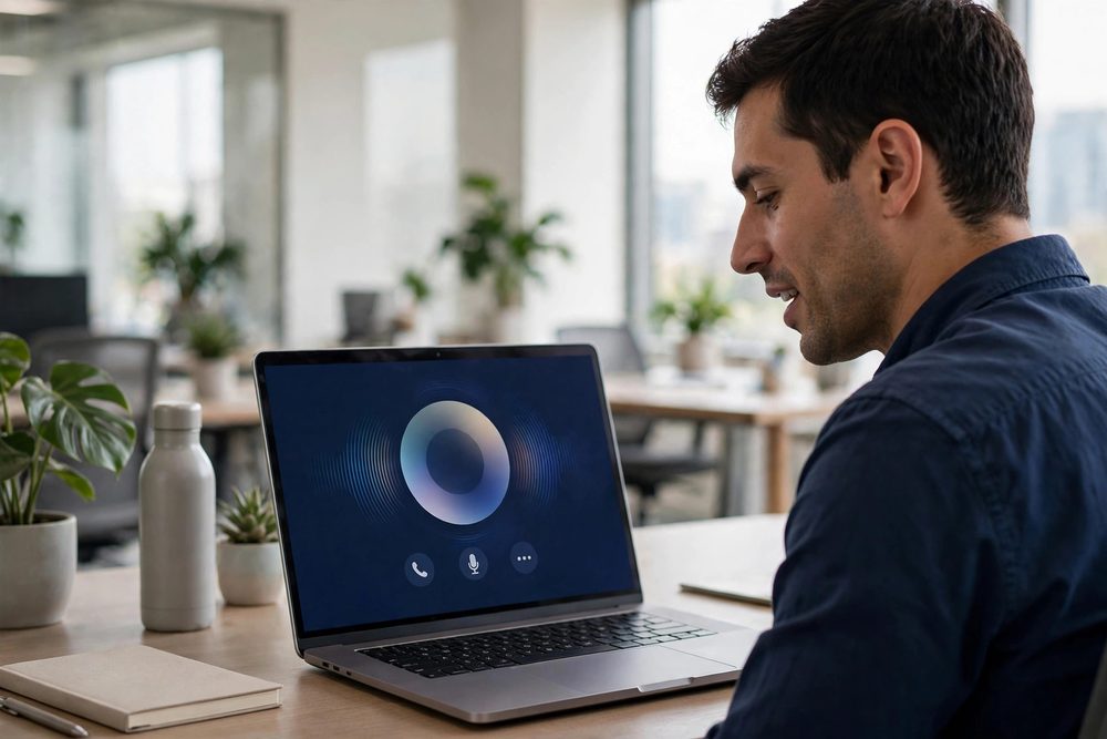 Worker on a laptop softphone call