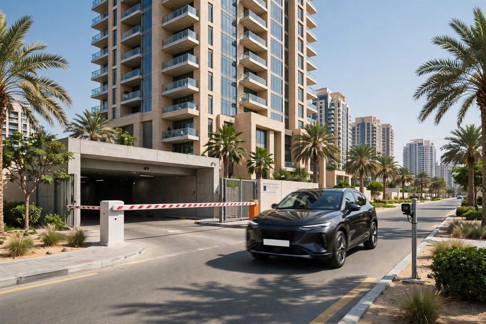Gate barrier and ANPR camera at a residential tower entrance