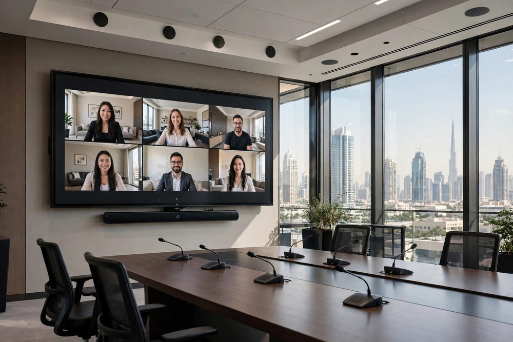 Meeting room with a large video-conferencing display