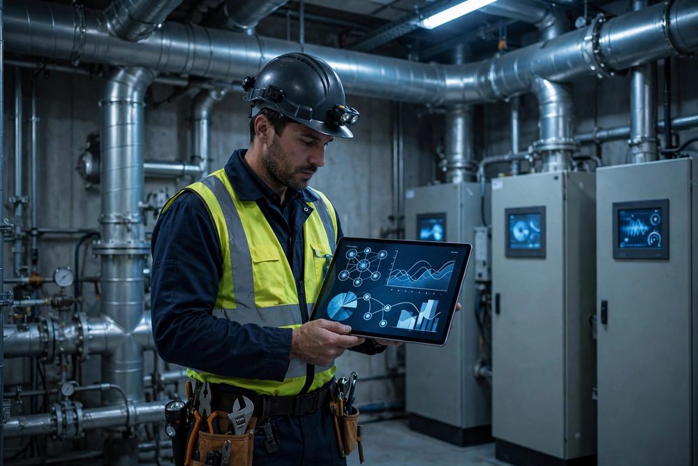 Engineer monitoring building systems on a tablet
