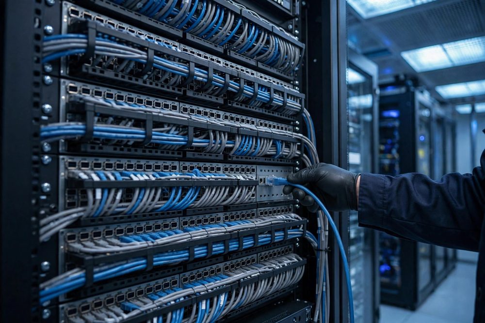 Structured cabling patch panels in a server rack