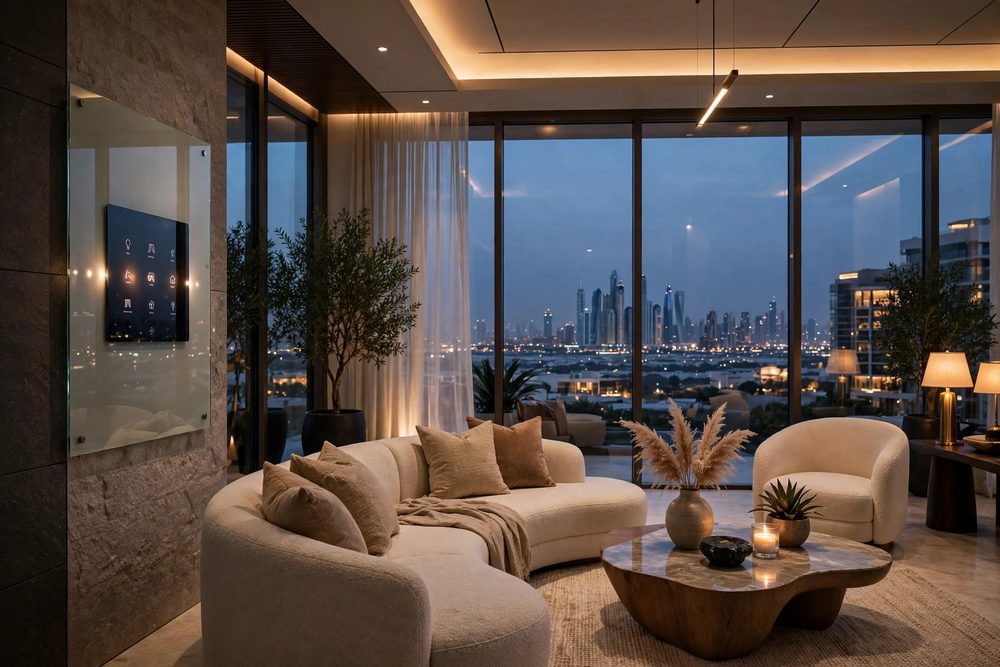 Smart villa living room with lighting control panel
