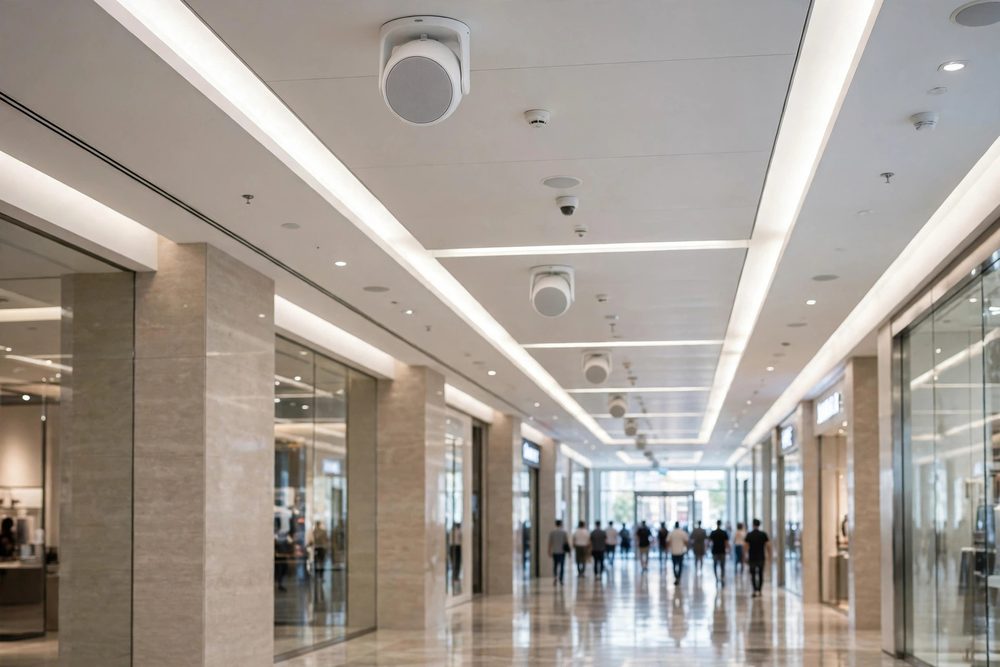 Ceiling public address speakers in a shopping mall