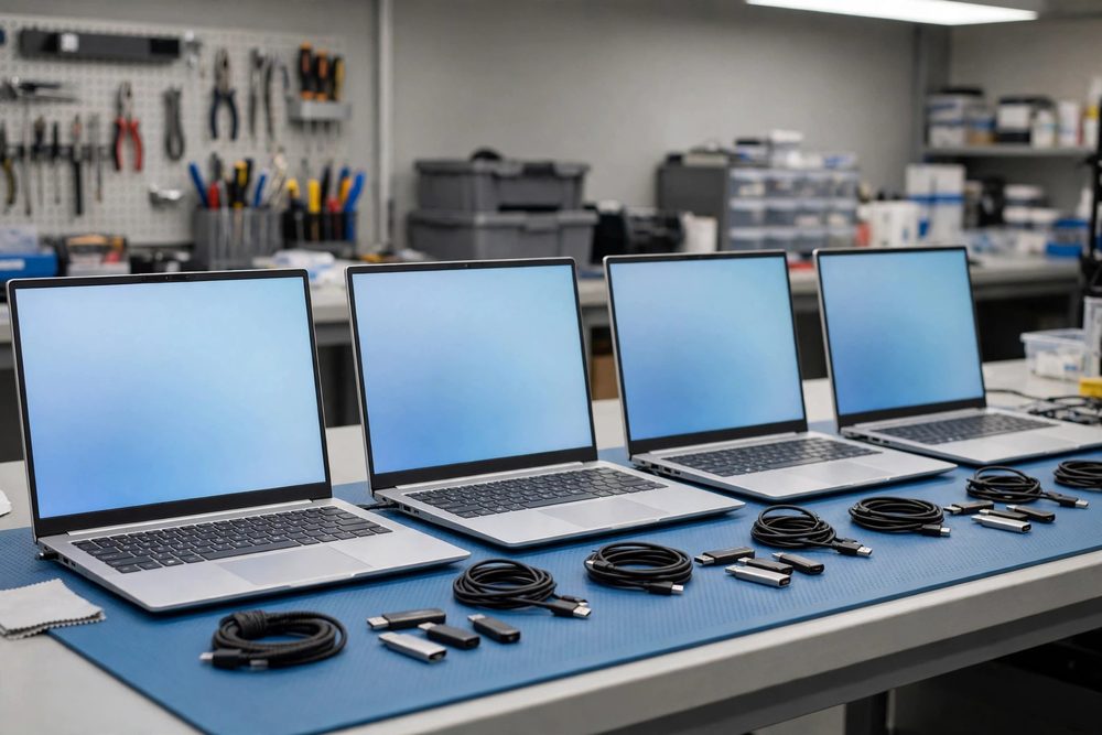 Laptops being imaged on a staging bench