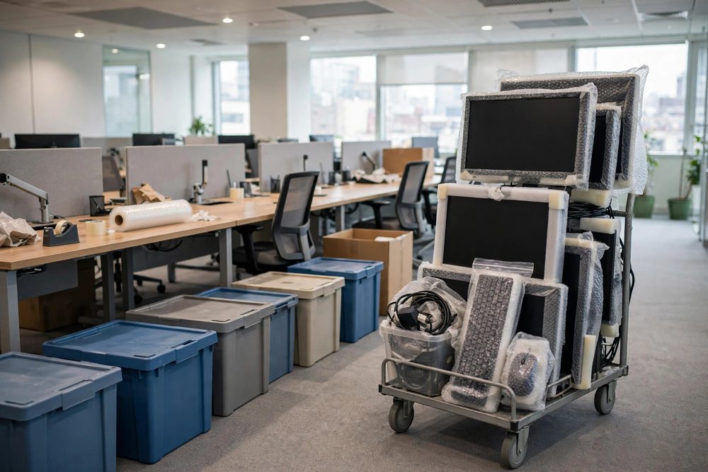 Team moving IT equipment during an office move