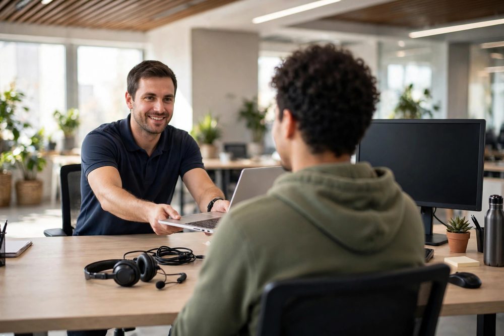 IT specialist helping a new employee at her desk