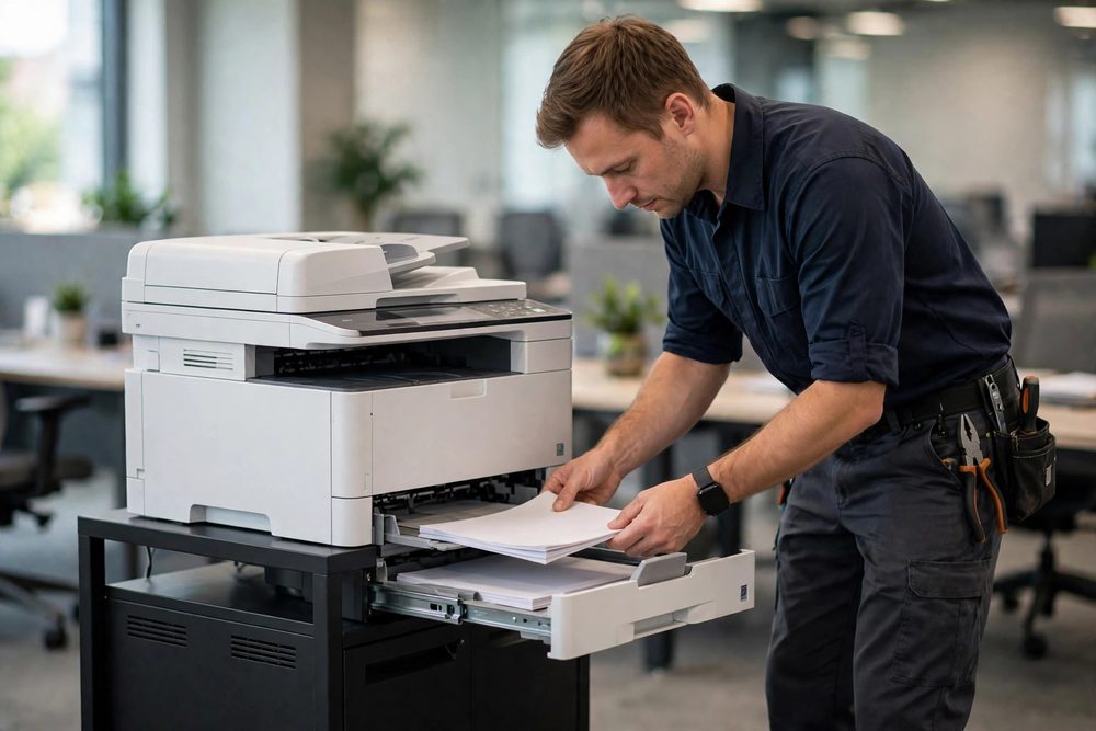 Technician setting up an office printer