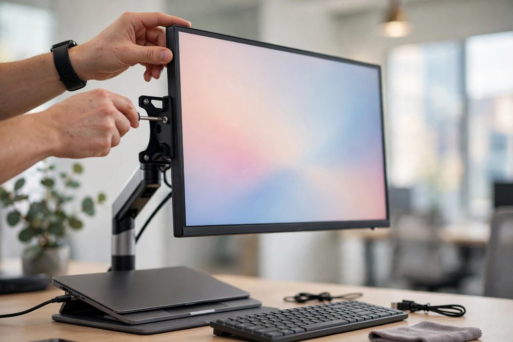 Technician setting up a new workstation