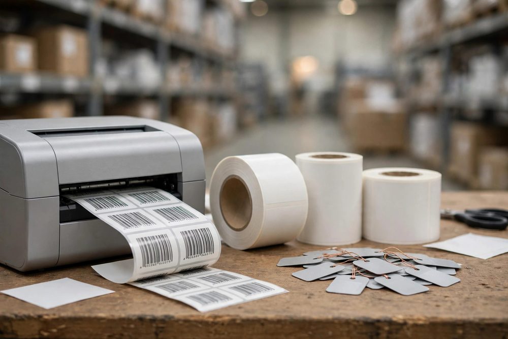 Label printer with rolls of labels and RFID tags