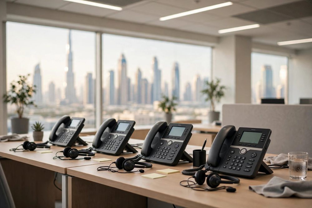 IP desk phones on office desks