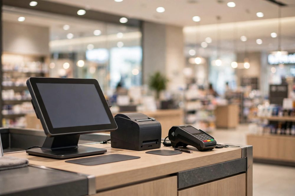 Touch-screen POS terminal at a retail counter