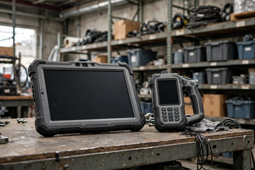 Rugged tablet and handheld device on a workbench