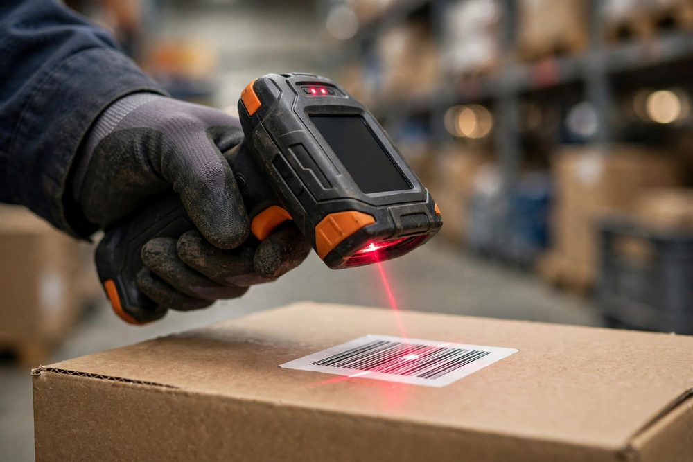 Worker scanning a box with a barcode scanner