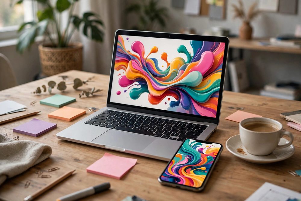 Ad campaign workspace with laptop and phone