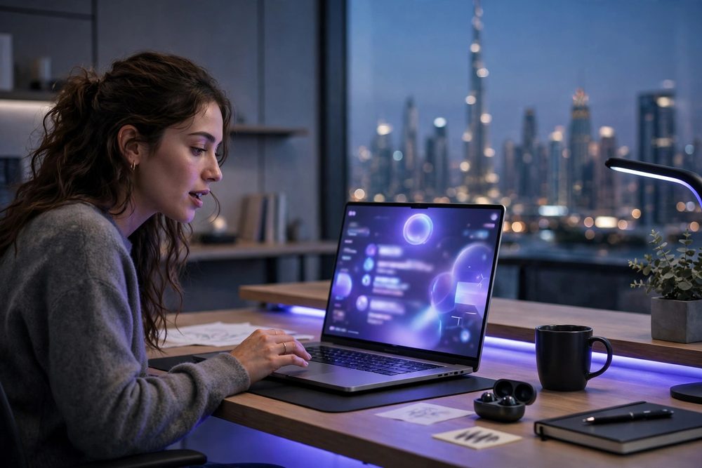 Asking an AI assistant a question on a laptop