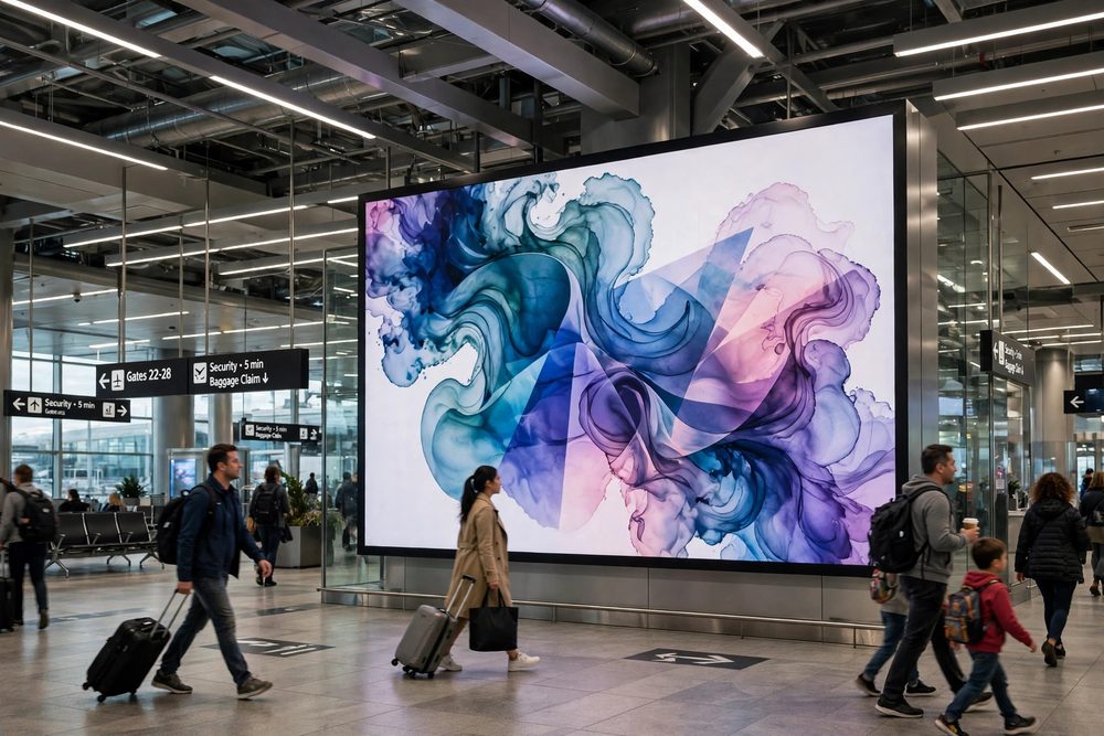 Illuminated advertising screen in an airport terminal