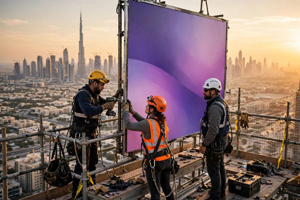 Workers installing a large billboard panel
