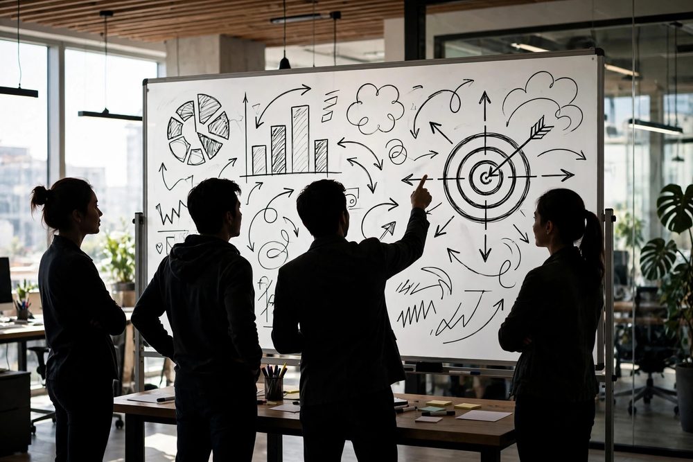Marketing strategy session at a whiteboard