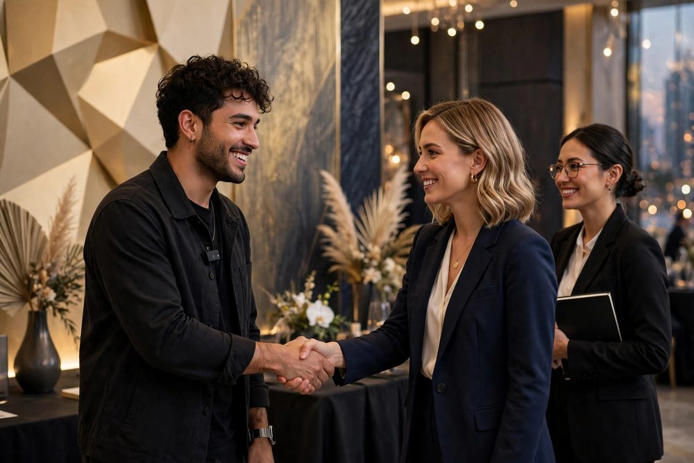 Creator shaking hands with a brand team at a launch