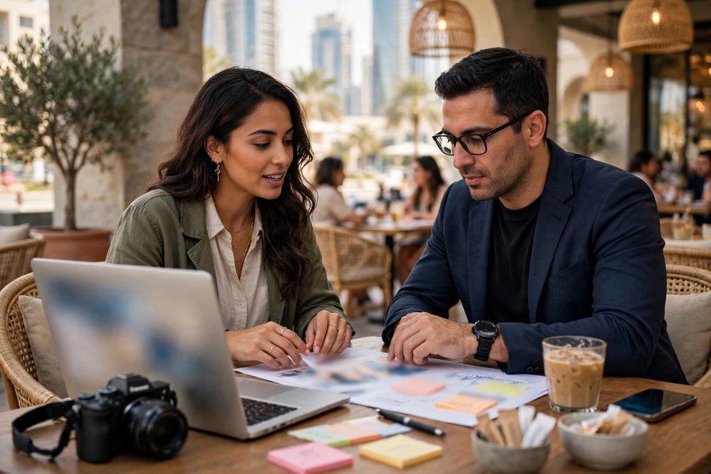 Influencer and brand manager planning a campaign