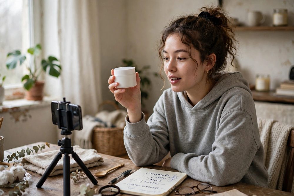 Local creator filming a product review at home