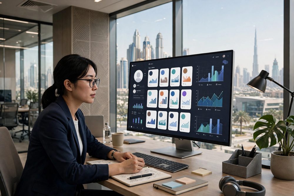 Analyst screening creator profiles on a monitor