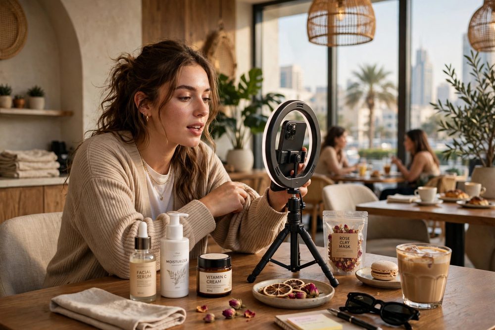 Influencer filming content in a café