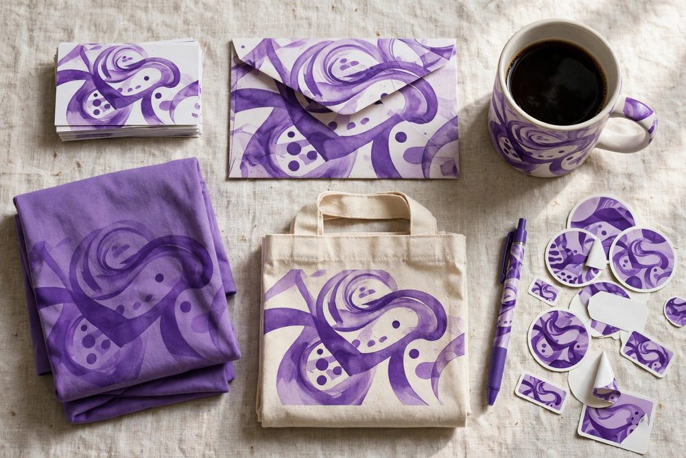 Flat-lay of branded business materials and merchandise