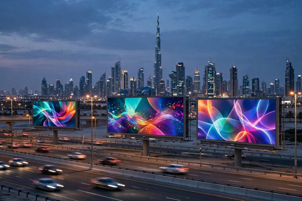Illuminated billboards along a Dubai highway at dusk